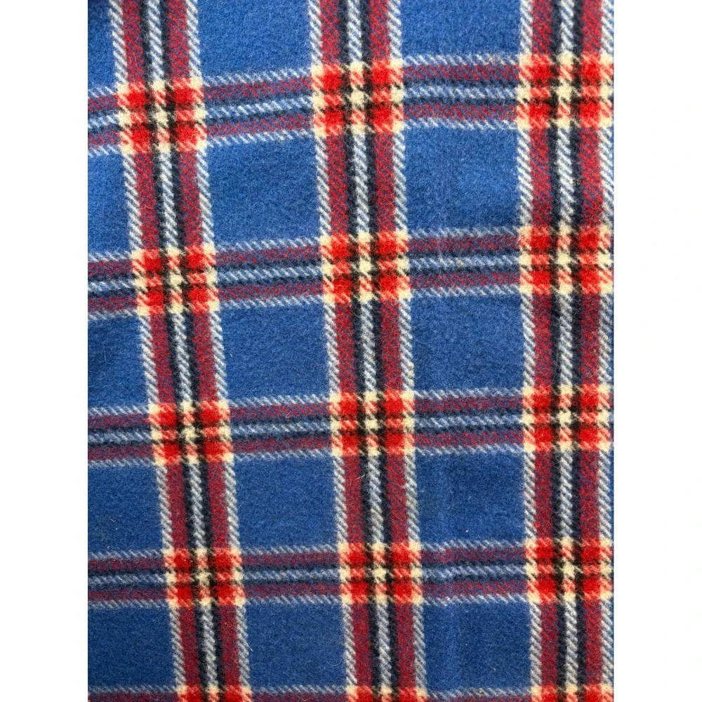 VTG Blue Plaid Wool Tartan Throw Stadium Blanket Red White Fringe Large 67x58